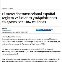 El mercado transaccional espaol registra 77 fusiones y adquisiciones en agosto por 3.867 millones